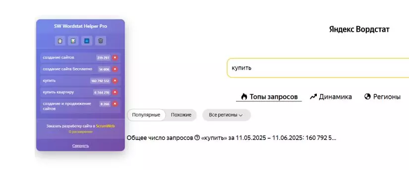 Wordstat Helper - расширение для сбора ключевых запросов из Yandex Wordstat